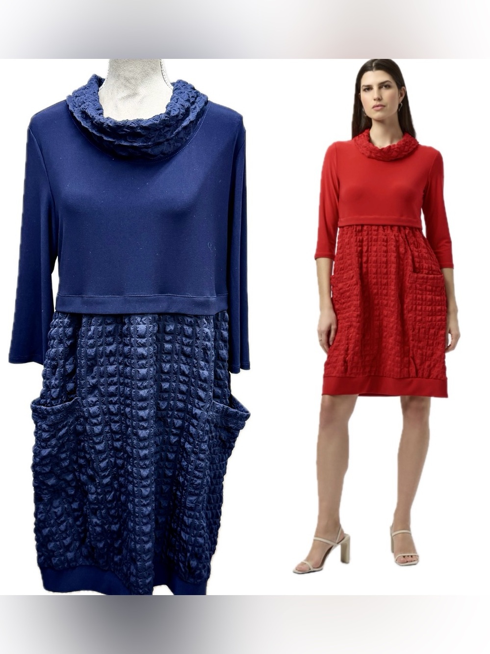 Joseph Ribkoff Bubble Textured Cocoon Dress 14 Midnight Blue Cowl Neck Pockets